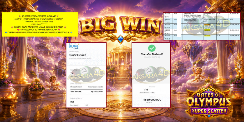 AKSARA4D JACKPOT PRAGMATIC “Gates of Olympus Super Scatter” Rp100.000.000,- LUNAS