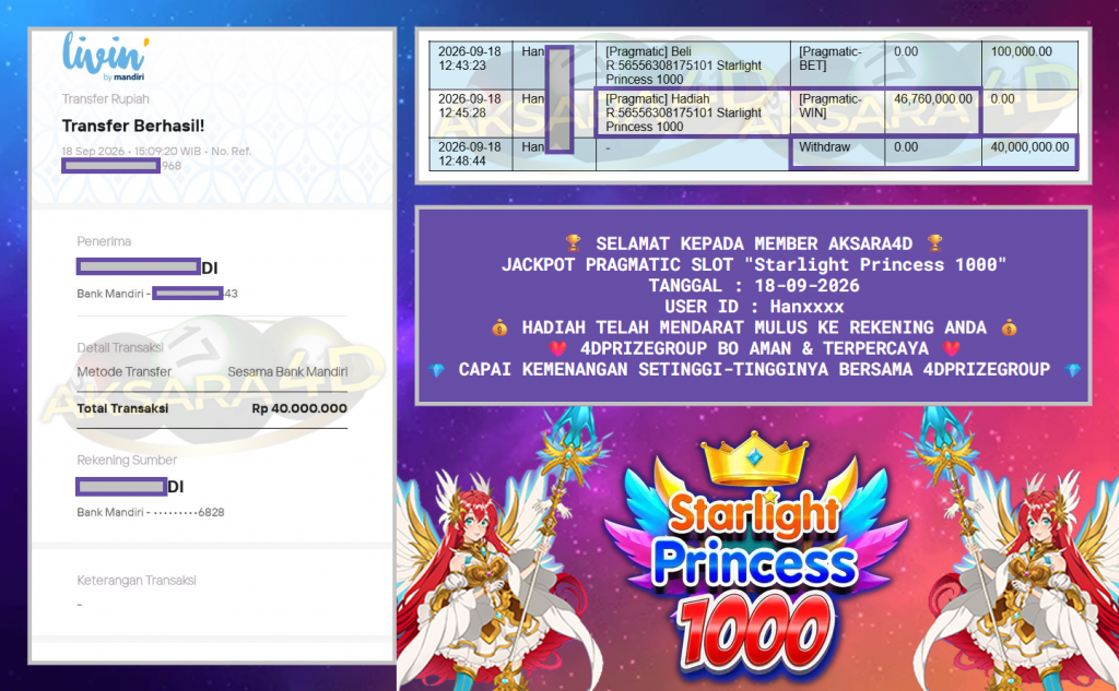 AKSARA4D JACKPOT PRAGMATIC SLOT “Starlight Princess 1000” Rp40.000.000,- LUNAS