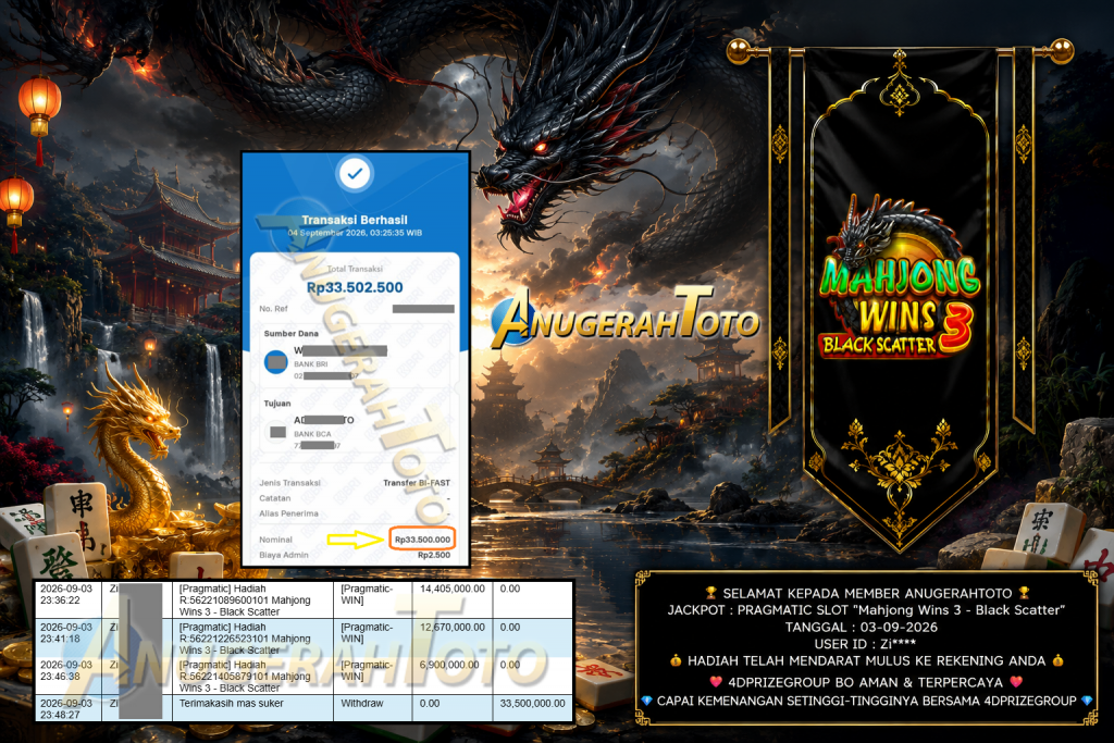 ANUGERAHTOTO JACKPOT PRAGMATIC SLOT βMahjong Wins 3 β Black Scatterβ Rp 33.500.000,- LUNAS