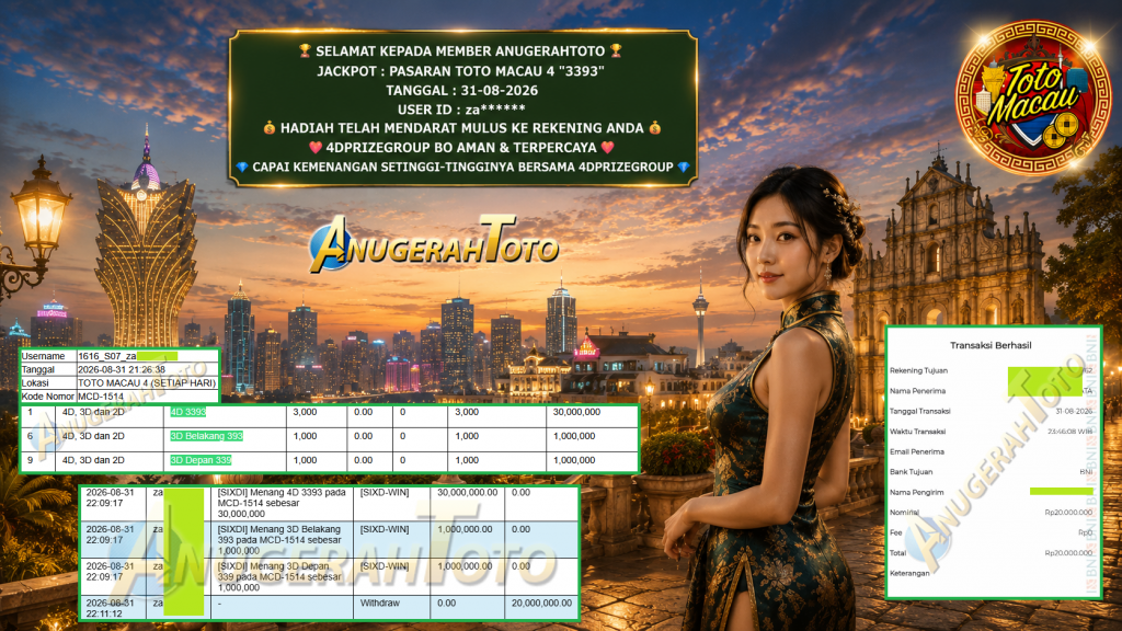 ANUGERAHTOTO JACKPOT PASARAN TOTO MACAU 4 “3393” Rp 30.000.000,- LUNAS