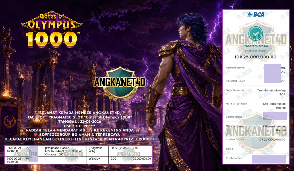 ANGKANET4D JACKPOT PRAGMATIC SLOT “Gates of Olympus 1000” Rp 25.000.000,- LUNAS
