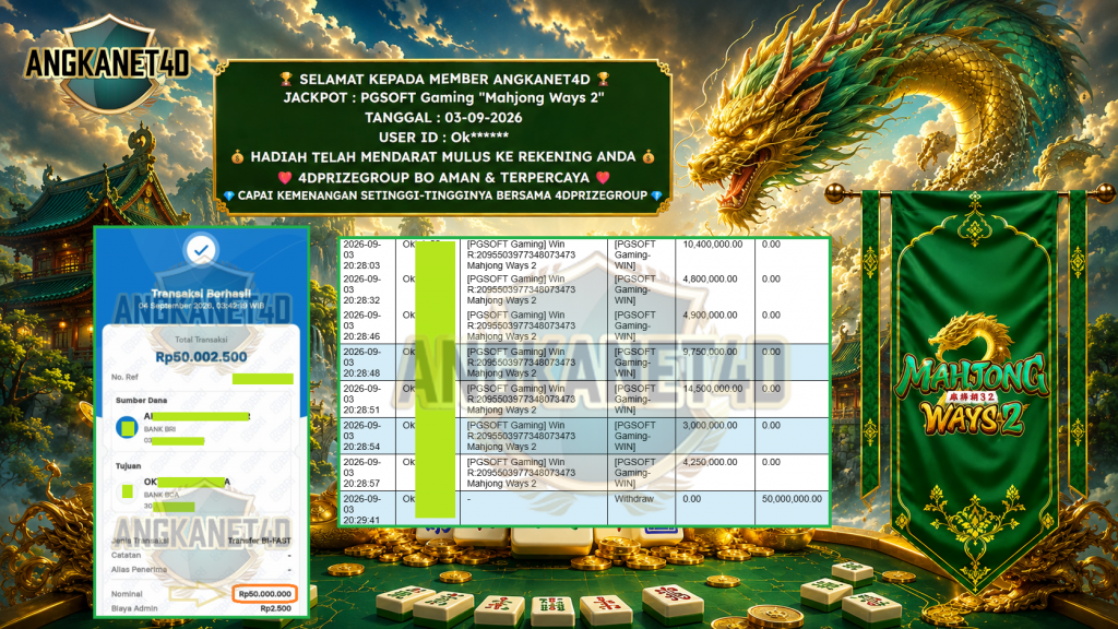 ANGKANET4D JACKPOT PGSOFT Gaming โMahjong Ways 2โ โโโโโโโโRp 50.000.000,- LUNAS