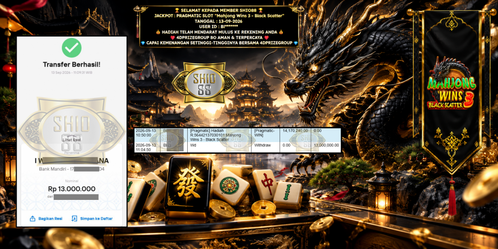 SHIO88 JACKPOT PRAGMATIC SLOT “Mahjong Wins 3 – Black Scatter” Rp 13.000.000,- LUNAS