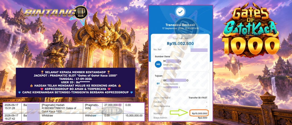 BINTANG4DP JACKPOT PRAGMATIC SLOT “Gates of Gatot Kaca 1000” Rp 15.000.000,- LUNAS