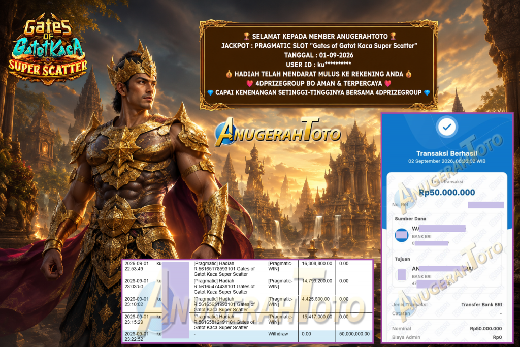 ANUGERAHTOTO JACKPOT PRAGMATIC SLOT “Gates of Gatot Kaca Super Scatter” Rp 50.000.000,- LUNAS