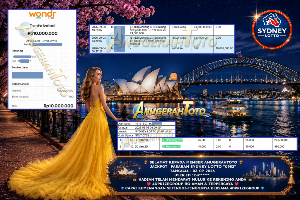 ANUGERAHTOTO JACKPOT PASARAN SYDNEY LOTTO β0952β Rp 10.000.000,- LUNAS