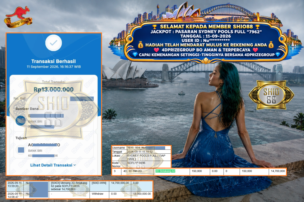 SHIO88 JACKPOT PASARAN SYDNEY POOLS FULL “7962” Rp 13.000.000,- LUNAS