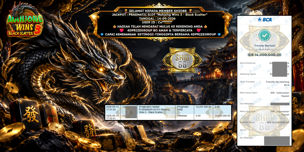 SHIO88 JACKPOT PRAGMATIC SLOT โMahjong Wins 3 โ Black Scatterโ Rp 14.000.000,- LUNAS