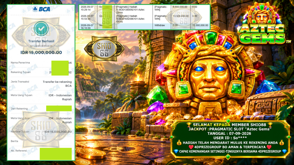 SHIO88 JACKPOT PRAGMATIC SLOT “Aztec Gems” Rp 15.000.000,- LUNAS