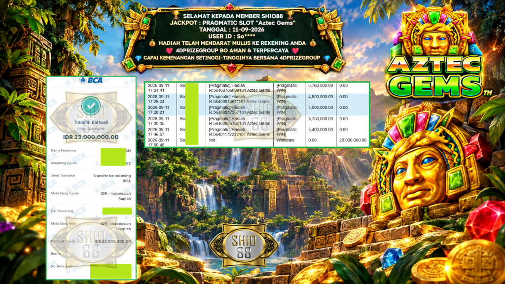 SHIO88 JACKPOT PRAGMATIC SLOT “Aztec Gems” Rp 23.000.000,- LUNAS