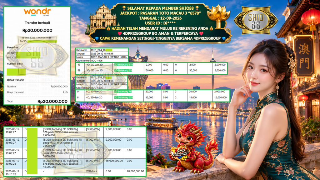 SHIO88 JACKPOT PASARAN TOTO MACAU 3 “6578” Rp 20.000.000,- LUNAS