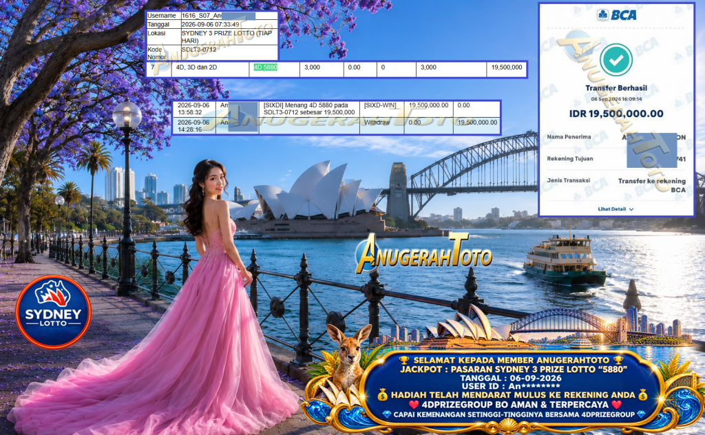 ANUGERAHTOTO JACKPOT PASARAN SYDNEY 3 PRIZE LOTTO “5880” Rp 19.500.000,- LUNAS