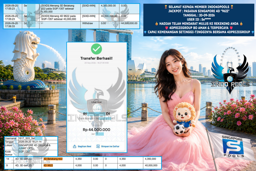 INDO4DPOOLS JACKPOT PASARAN SINGAPORE 4D “9622” Rp 44.000.000,- LUNAS