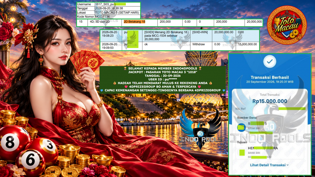INDO4DPOOLS JACKPOT PASARAN TOTO MACAU 3 “1018” Rp 15.000.000,- LUNAS