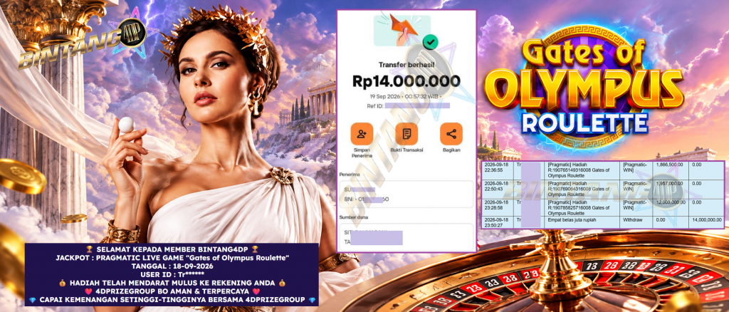 BINTANG4DP JACKPOT PRAGMATIC LIVE GAME “Gates of Olympus Roulette” Rp 14.000.000,- LUNAS