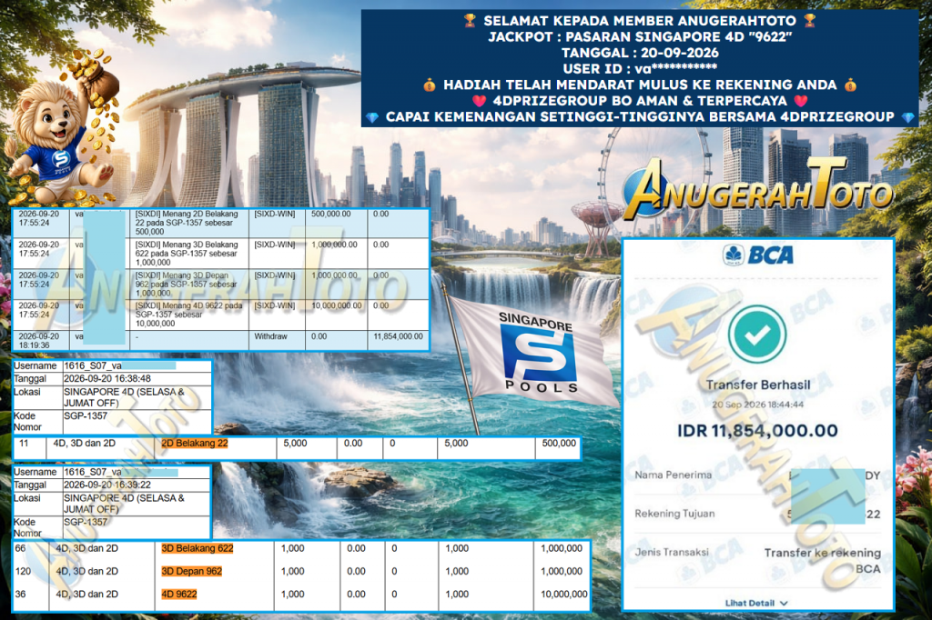 ANUGERAHTOTO JACKPOT PASARAN SINGAPORE 4D “9622” Rp 11.854.000,- LUNAS