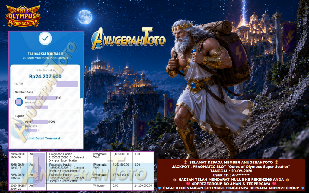 ANUGERAHTOTO JACKPOT PRAGMATIC SLOT “Gates of Olympus Super Scatter” Rp 24.200.000,- LUNAS