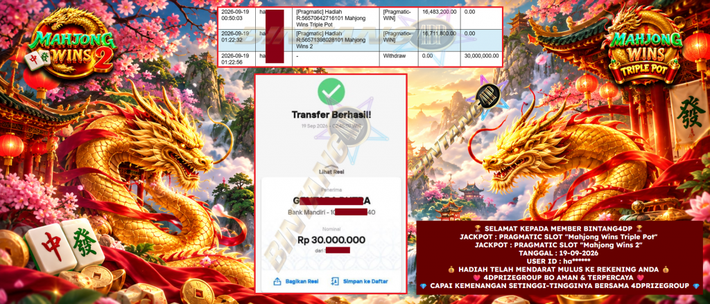 BINTANG4DP JACKPOT PRAGMATIC SLOT “Mahjong Wins Triple Pot” & PRAGMATIC SLOT “Mahjong Wins 2” Rp 30.000.000,- LUNAS