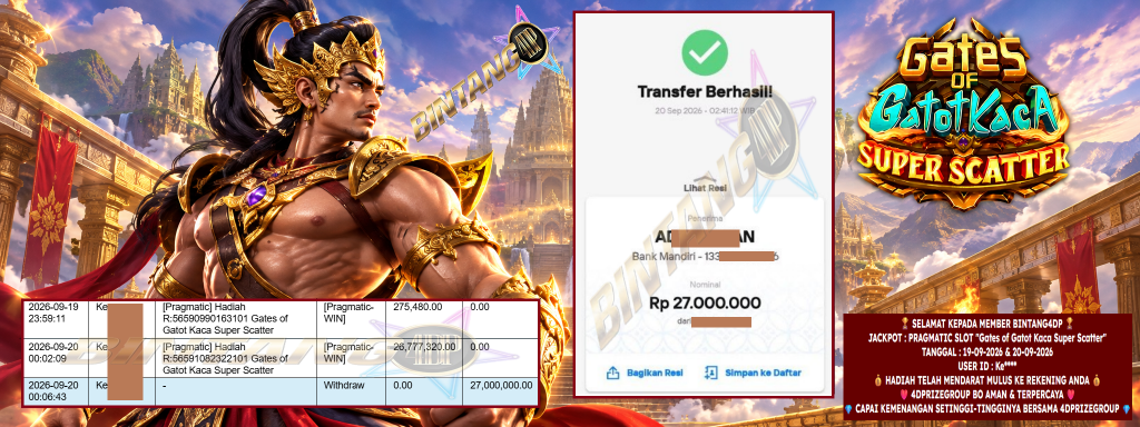 BINTANG4DP JACKPOT PRAGMATIC SLOT “Gates of Gatot Kaca Super Scatter” Rp 27.000.000,- LUNAS