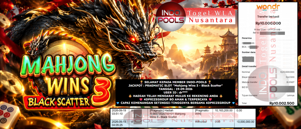 INDO-POOLS JACKPOT PRAGMATIC SLOT “Mahjong Wins 3 – Black Scatter” Rp 10.000.000,- LUNAS