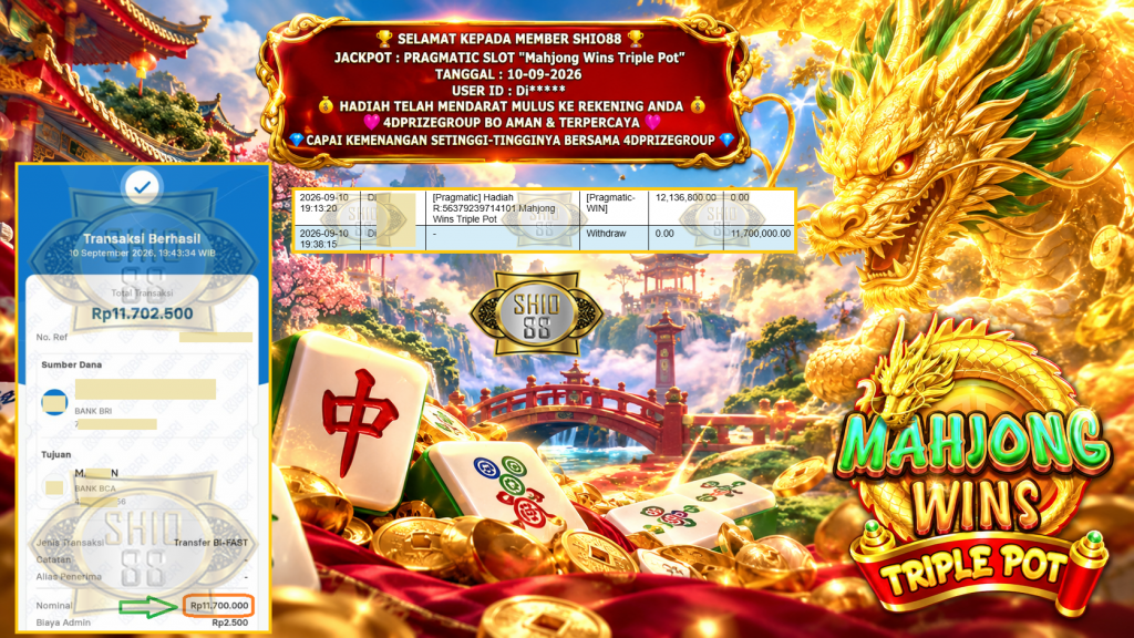 SHIO88 JACKPOT PRAGMATIC SLOT “Mahjong Wins Triple Pot” Rp 11.700.000,- LUNAS