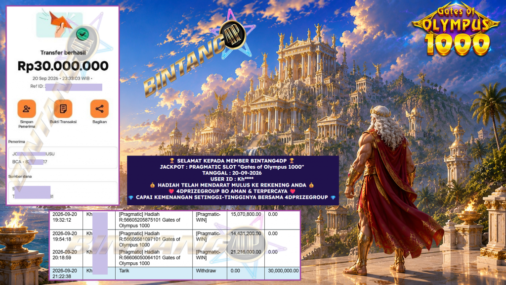 BINTANG4DP JACKPOT PRAGMATIC SLOT “Gates of Olympus 1000” Rp 30.000.000,- LUNAS