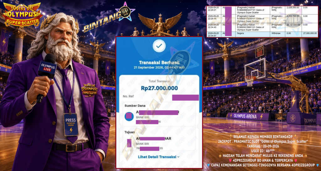 BINTANG4DP JACKPOT PRAGMATIC SLOT “Gates of Olympus Super Scatter” Rp 27.000.000,- LUNAS