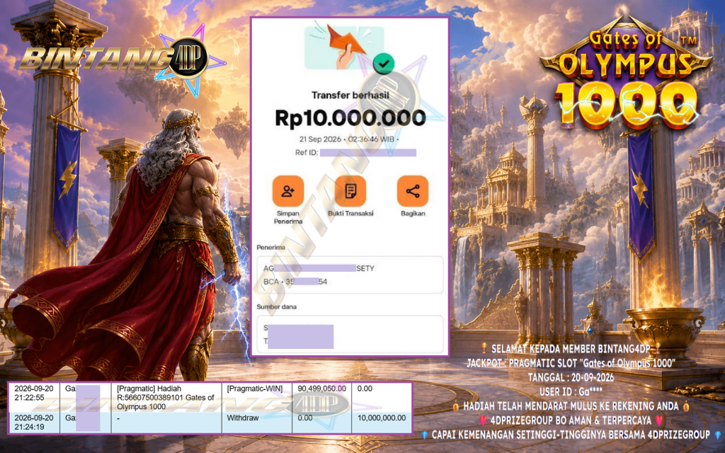 BINTANG4DP JACKPOT PRAGMATIC SLOT “Gates of Olympus 1000” Rp 10.000.000,- LUNAS