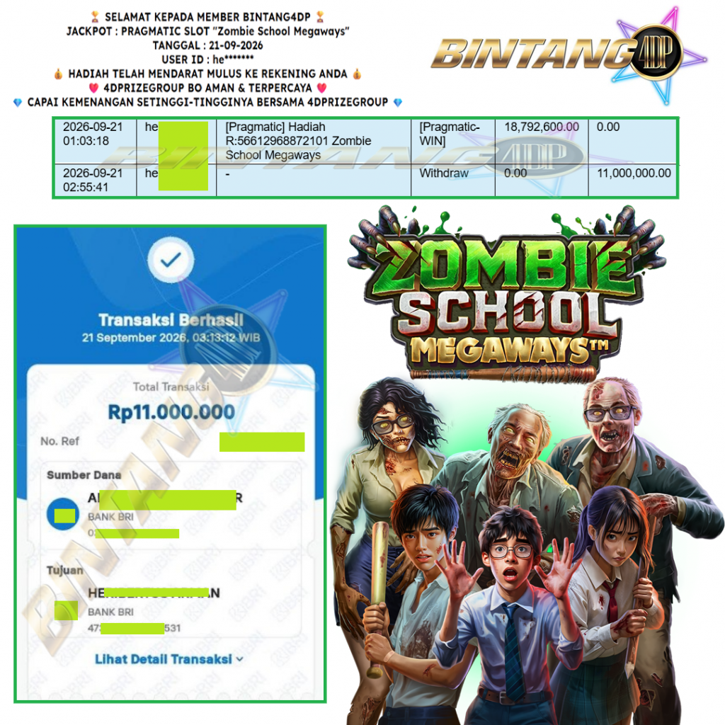 BINTANG4DP JACKPOT PRAGMATIC SLOT “Zombie School Megaways” Rp 11.000.000,- LUNAS