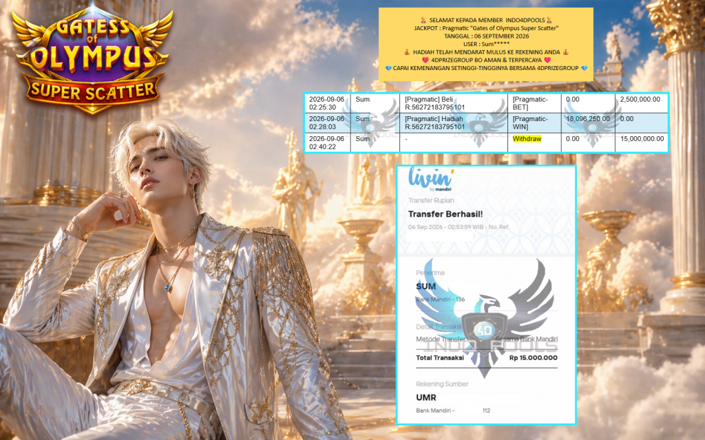 INDO4DPOOLS JACKPOT Pragmatic “Gates of Olympus Super Scatter” Rp15.000.000,- LUNAS