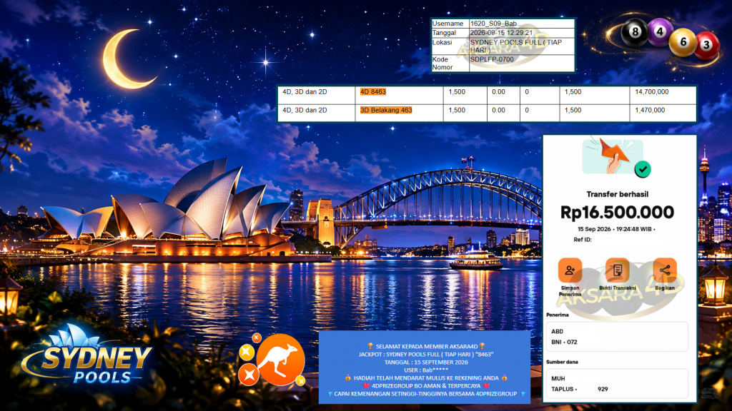 AKSARA4D JACKPOT SYDNEY POOLS FULL ( TIAP HARI ) “8463” Rp16.500.000,- LUNAS
