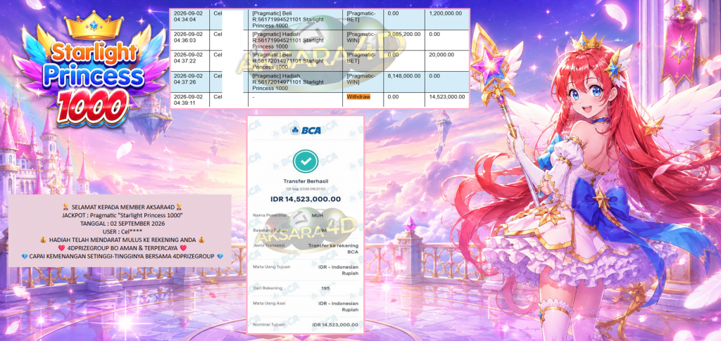 AKSARA4D JACKPOT PRAGMATIC “Starlight Princess 1000″ Rp14.523.000,- LUNAS