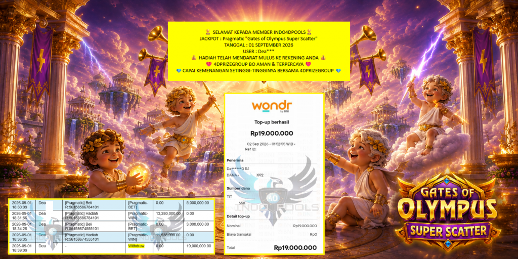 INDO4DPOOLS JACKPOT Pragmatic “Gates of Olympus Super Scatter” Rp19.000.000,- LUNAS
