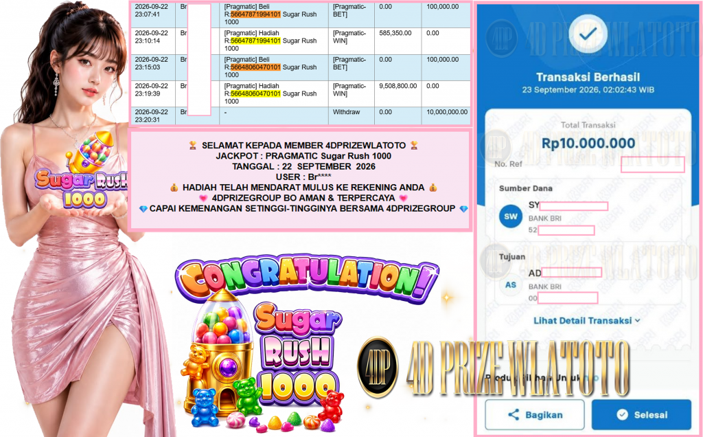 4DPRIZEWLATOTO JACKPOT PRAGMATIC “Sugar Rush 1000″ Rp10.000.000,- LUNAS