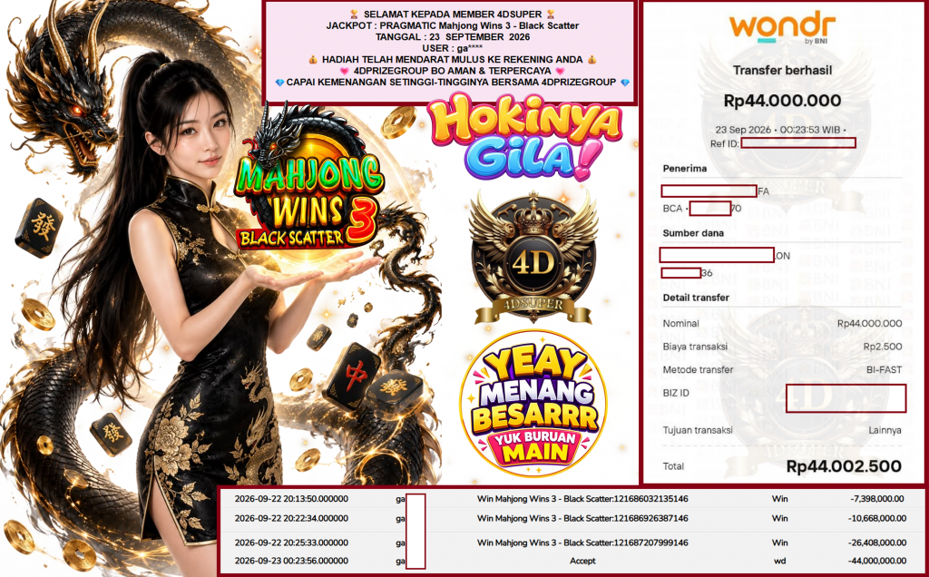 4DSUPER JACKPOT PRAGMATIC “Mahjong Wins 3 – Black Scatter” Rp44.000.000,- LUNAS