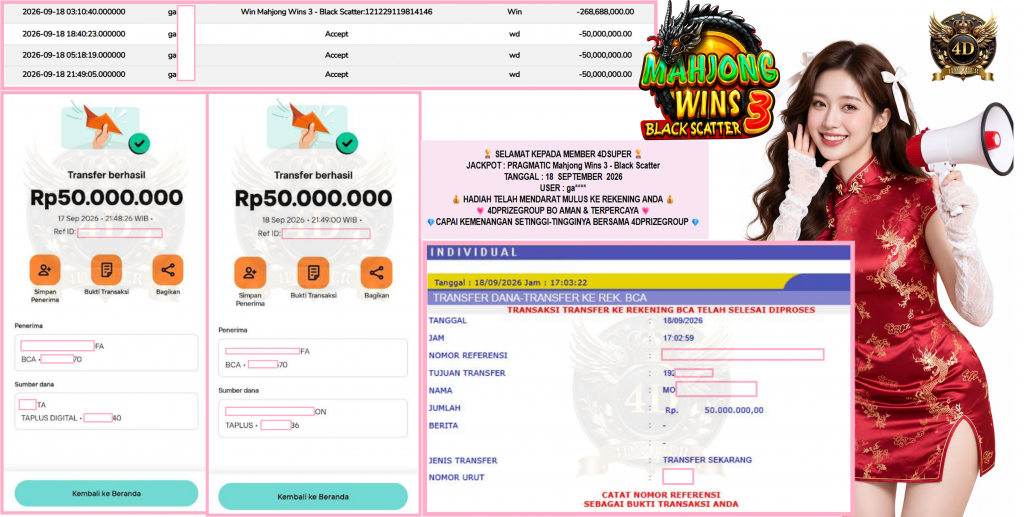 4DSUPER JACKPOT PRAGMATIC “Mahjong Wins 3 – Black Scatter” Rp200.000.000,- LUNAS