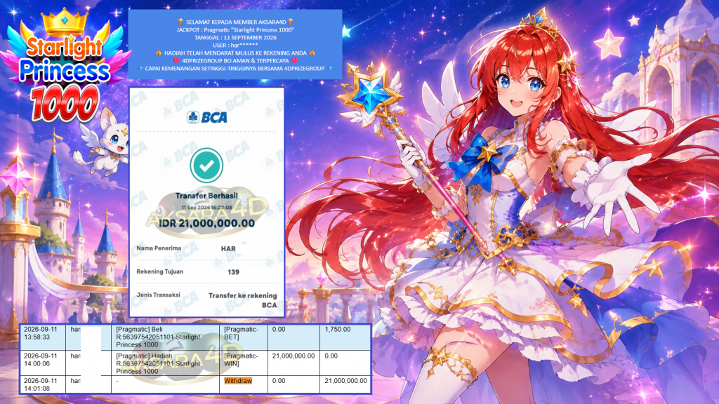 AKSARA4D JACKPOT PRAGMATIC “Starlight Princess 1000″‎‏‏‎‎ Rp21.000.000,- LUNAS