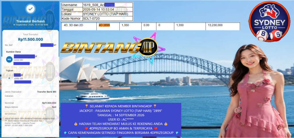 BINTANG4DP JACKPOT TOGEL PASARAN SYDNEY LOTTO (TIAP HARI) “2899” Rp 11.500.000,- LUNAS