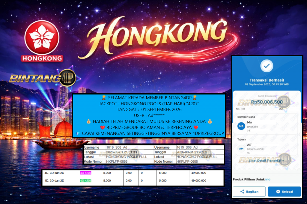 BINTANG4DP JACKPOT : HONGKONG POOLS (TIAP HARI) “4207”‎‏‏‎‎ Rp50.000.000,- LUNAS