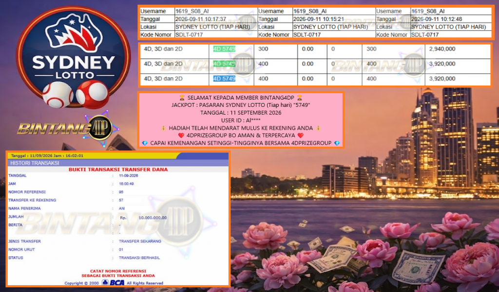 BINTANG4DP JACKPOT : PASARAN SYDNEY LOTTO (Tiap hari) “5749”‏‏‎‎ Rp10.000.000,- LUNAS