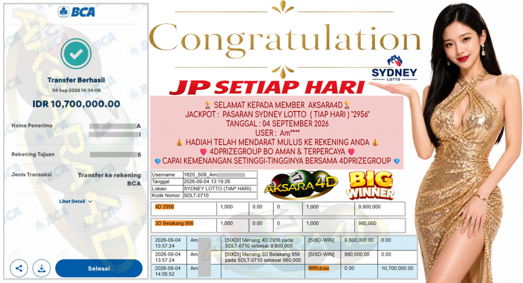 AKSARA4D JACKPOT PASARAN ” SYDNEY LOTTO ( TIAP HARI ) ” 2956″ ” Rp 10,700,000,- LUNAS