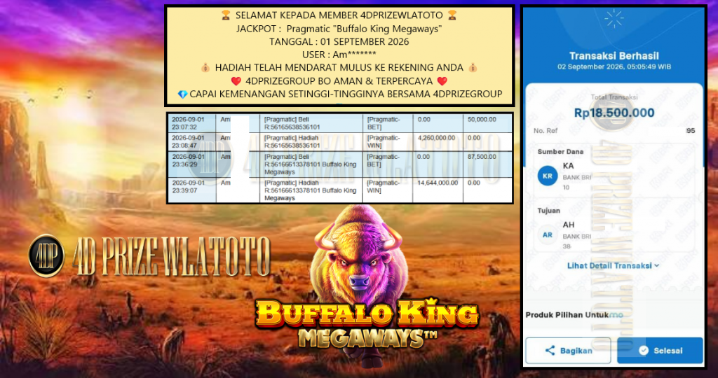 4DPRIZEWLATOTO JACKPOT : Pragmatic “Buffalo King Megaways” Rp18.500.000,- LUNAS