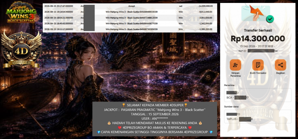 4DSUPER JACKPOT PASARAN PRAGMATIC ”Mahjong Wins 3 – Black Scatter” Rp 14.300.000,- LUNAS
