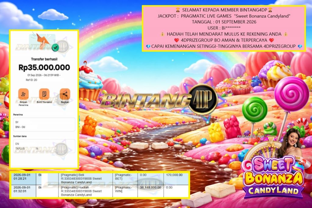 BINTANG4DP JACKPOT : PRAGMATIC LIVE GAMES “Sweet Bonanza Candyland” Rp35.000.000,- LUNAS