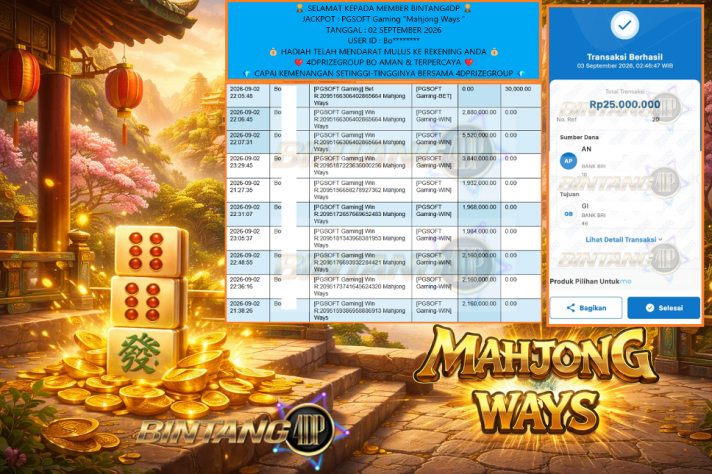 BINTANG4DP JACKPOT PGSOFT Gaming “Mahjong Ways” Rp 25.000.000,- LUNAS