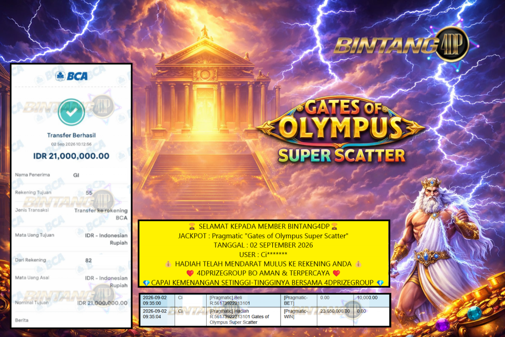 BINTANG4DP JACKPOT : PRAGMATIC SLOT “Gates of Olympus” Rp21.000.000,- LUNAS