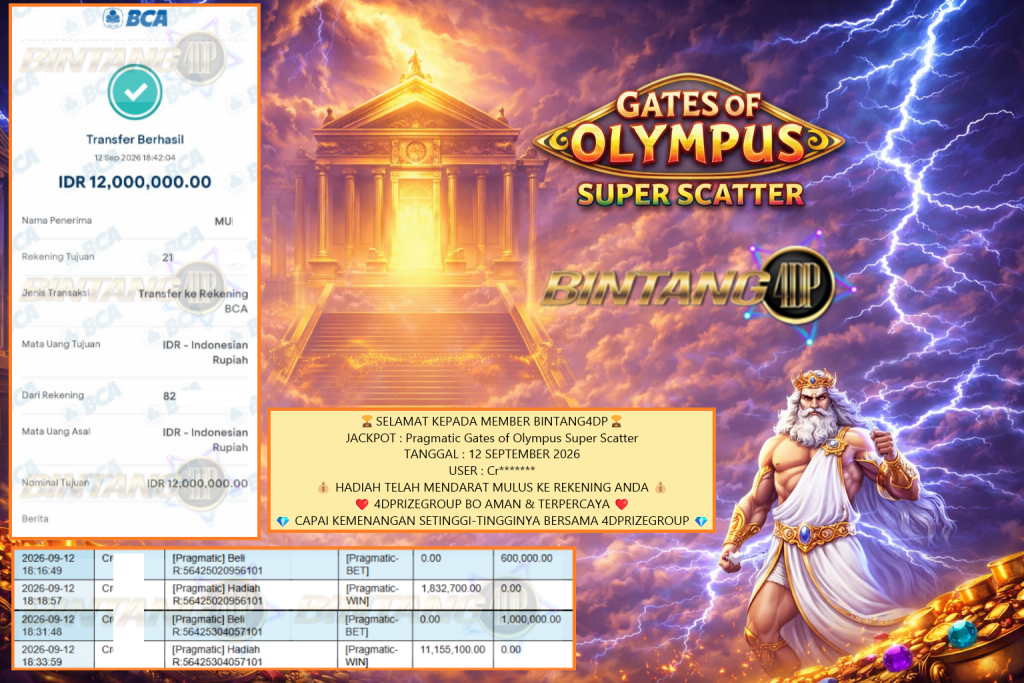 BINTANG4DP JACKPOT Pragmatic “Gates of Olympus Super Scatter” Rp12.000.000,- LUNAS
