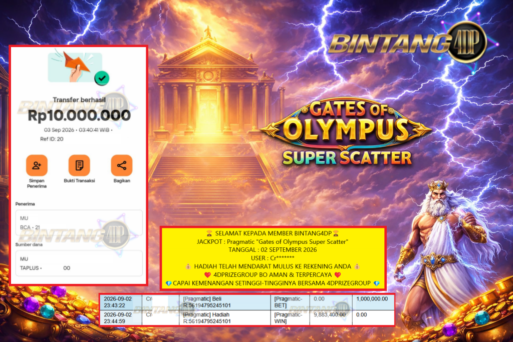 BINTANG4DP JACKPOT Pragmatic “Gates of Olympus Super Scatter” Rp10.000.000,- LUNAS