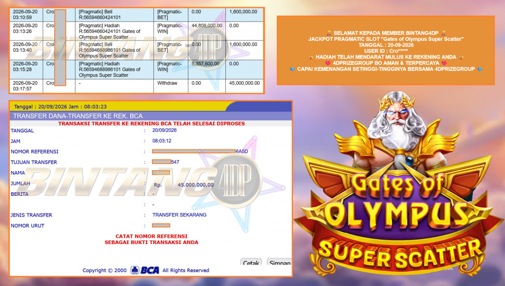 BINTANG4DP JACKPOT PRAGMATIC SLOT “Gates of Olympus Super Scatter” Rp 45.000.000,- LUNAS