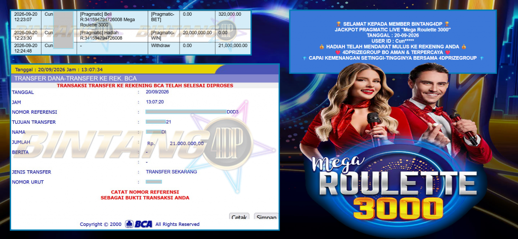 BINTANG4DP PRAGMATIC LIVE “Mega Roulette 3000” Rp 21.000.000,- LUNAS